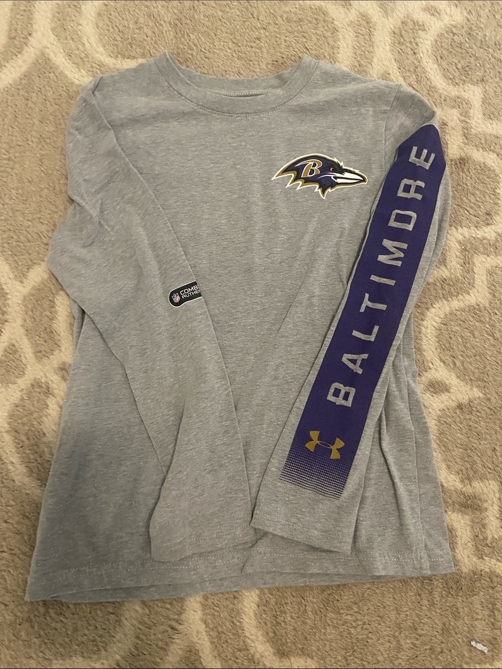 Under Armour Grey Long-Sleeve Baltimore Ravens Tee with Purple Sleeve Detail YSM